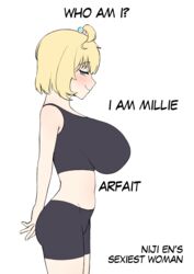  absurdres ahoge alternate_breast_size arm_behind_back bare_arms bare_shoulders bike_shorts black_sports_bra blonde_hair blush bob_cut breasts character_name cipher4109 covered_groin english_text female from_side green_eyes highres huge_breasts midriff millie_parfait naughty_face nijisanji nijisanji_en profile short_hair simple_background solo sports_bra virtual_youtuber white_background 