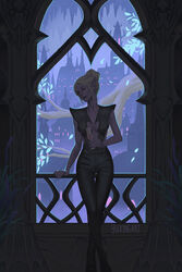  against_railing artist_name baldur&#039;s_gate baldur&#039;s_gate_3 black_pants black_vest blonde_hair branch breasts building city closed_eyes colored_skin commentary crossed_legs cup dark_elf drink drinking_glass dungeons_&amp;_dragons elf english_commentary expressionless facing_viewer feet_out_of_frame female hair_bun highres holding holding_cup leaf leaning minthara neck_tattoo pants pointy_ears purple_skin railing short_hair single_hair_bun solo stalactite standing tattoo vest window yuxingart 