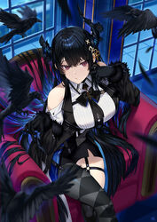  absurdres asymmetrical_horns bird black_dress black_gloves black_hair black_necktie black_pantyhose black_sleeves black_wings blue_hair breasts clothing_cutout collared_shirt crow demon_horns dress feathered_wings female fur-trimmed_sleeves fur_trim gloves high-waist_dress highres hololive hololive_english horns large_breasts long_hair looking_at_viewer low_wings mk_(lazymk) mole mole_under_eye necktie nerissa_ravencroft nerissa_ravencroft_(1st_costume) o-ring o-ring_thigh_strap pantyhose red_eyes shadow_(nerissa_ravencroft) shirt shoulder_cutout single_leg_pantyhose solo thigh_strap virtual_youtuber white_shirt wings 