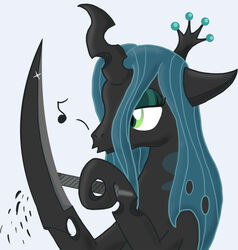  arthropod blade blade_arm changeling female feral file friendship_is_magic green_eyes green_hair hair hasbro hole_(anatomy) horn long_hair my_little_pony queen_chrysalis_(mlp) simple_background solo third-party_edit trypophobia what_has_magic_done whistling white_background wolferahm 