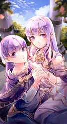  2girls braid cape circlet creyton dress fire_emblem fire_emblem:_genealogy_of_the_holy_war fire_emblem:_the_binding_blade french_braid highres holding_hands jewelry julia_(fire_emblem) long_hair looking_at_viewer multiple_girls purple_eyes purple_hair sitting sophia_(fire_emblem) staring 