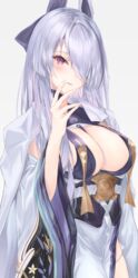  absurdres azur_lane blush breast_curtains breasts center_opening cleavage coat coat_on_shoulders commentary cowboy_shot detached_sleeves female floral_print grey_background grey_hair hair_over_one_eye hand_on_own_face highres japanese_clothes kimono large_breasts long_hair looking_at_viewer mizuasagi35181 neck_tassel obi obijime parted_lips purple_eyes sash simple_background smile solo standing unzen_(azur_lane) white_coat white_kimono wide_sleeves 