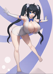  absurdres bare_legs black_hair blue_eyes breasts bursting_breasts cleavage dress dungeon_ni_deai_wo_motomeru_no_wa_machigatteiru_darou_ka english_commentary female full_body gloves hestia_(danmachi) highres huge_breasts long_hair microdress open_mouth pockyland rei_no_himo simple_background smile solo standing standing_on_one_leg twintails very_long_hair white_dress white_gloves 