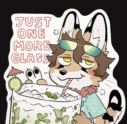  alcohol anthro beverage brown_hair claws clothed clothing english_text eyebrows eyewear eyewear_on_head felid feline fingers hair hi_res inner_ear_fluff luxury_gin male mammal mojito_(drink) pawpads scooter_(luxury_gin) serval solo sunglasses sunglasses_on_head tail text tuft 