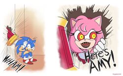  2023 absurd_res amy_rose anthro boo_(sonic) clothing duo english_text eulipotyphlan female footwear gloves handwear hedgehog here&#039;s_johnny_(meme) hi_res male mammal omegasunburst open_mouth parody piko_piko_hammer possession sega sharp_teeth sonic_the_hedgehog sonic_the_hedgehog_(series) sound_effects stephen_king_(copyright) teeth text the_shining 