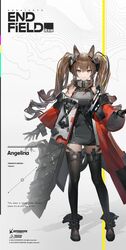  angelina_(arknights) angelina_(endfield)_(arknights) animal_ears arknights arknights:_endfield bare_shoulders black_footwear black_gloves black_thighhighs boots brown_eyes brown_hair coat commentary dress elevation_contour_lines female fox_ears gloves grey_dress grin liduke long_hair long_sleeves looking_at_viewer off_shoulder official_art open_clothes open_coat parted_lips red_coat short_dress smile solo thighhighs twintails very_long_hair 