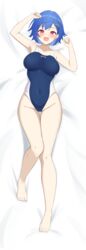  :d absurdres armpits barefoot bed_sheet blue_hair blush breasts commission competition_swimsuit covered_navel dakimakura_(medium) dolphin_hair_ornament feet female full_body highleg highleg_swimsuit highres hisochi_n incredibly_absurdres large_breasts legs looking_at_viewer lying nijisanji nishizono_chigusa oerba_yun_fang on_back one-piece_swimsuit open_mouth purple_eyes short_hair skeb_commission skin_fang smile solo swimsuit toenails toes virtual_youtuber white_background 