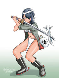  alcohol black_footwear black_hair boots breasts dated female full_body fundoshi geru gradient_background grey_jacket hair_over_one_eye headband jacket japanese_clothes kantai_collection kumano_maru_(kancolle) long_hair medium_breasts military_jacket official_alternate_costume red_eyes sake sarashi smile solo sword twitter_username weapon white_background 