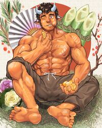  1boy abs animal_ears bamboo_shoot bara brown_hair bulge chest_hair chinese_zodiac cow_boy cow_ears cow_horns dark-skinned_male dark_skin eating facial_hair flower food fruit hand_fan highres holding holding_food horns male_focus mandarin_orange mature_male muscular muscular_male navel navel_hair nipples one_eye_closed orange_(fruit) orange_peel original pants paper_fan pectoral_cleavage pectorals pink_flower short_hair sideburns sitting solo stubble suamaru thick_eyebrows topless_male veins white_flower year_of_the_ox 