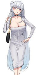  absurdres bag blush breasts choker cleavage collarbone dongtan_dress dress female fuyutsuki_(kancolle) grey_eyes grin hand_on_own_hip handbag highres kantai_collection kiritto large_breasts long_hair long_sleeves looking_at_viewer mask mask_pull meme_attire mouth_mask one_side_up sidelocks simple_background smile solo unworn_mask very_long_hair white_background white_dress 