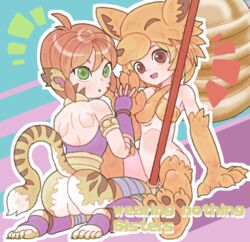  2girls :d :o animal_ears animal_feet animal_hands armlet ass bare_shoulders bell blonde_hair bo_staff body_fur bottomless breasts breath_of_fire breath_of_fire_ii crossover facial_mark fingerless_gloves fox_girl fox_hat gloves green_eyes medium_breasts moonlight_flower multiple_girls no_pussy open_mouth orange_hair purple_gloves ragnarok_online red_eyes rinpoo_chuan sicky_(pit-bull) sitting smile staff striped_tail tail tiger_ears tiger_girl tiger_tail whisker_markings yellow_headwear 