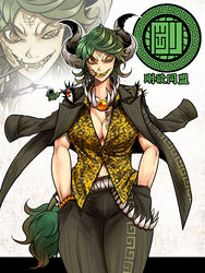  @_@ alternate_design bead_bracelet beads bracelet breasts brown_horns brown_jacket brown_pants chest_tattoo cleavage collared_shirt commentary_request cowboy_shot female forehead_tattoo gold_teeth green_hair grin hands_in_pockets highres horns imaginary_toutetsu jacket jacket_on_shoulders jewelry kiseru large_breasts living_clothes looking_at_viewer meandros medium_bangs orange_eyes pants ryuuichi_(f_dragon) sharp_teeth sheep_girl sheep_horns sheep_tail shirt short_hair smile smoking_pipe solo swept_bangs tail tattoo teeth touhou toutetsu_yuuma translation_request yellow_eyes yellow_shirt yen_sign zoom_layer 