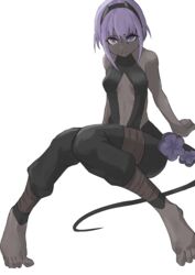  absurdres barefoot breasts dark-skinned_female dark_skin fate/grand_order fate_(series) feet female hairband hassan_of_serenity_(fate) highres horns medium_bangs medium_breasts medium_hair purple_eyes purple_hair simple_background siokara_85 very_dark_skin white_background 