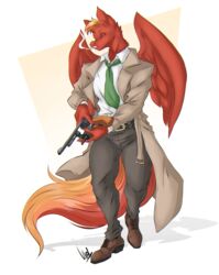  anthro back_wings blonde_hair boots bottomwear cigarette clothing coat dress_shirt dullvivid equid equine feathered_wings feathers footwear fur gun hair half-closed_eyes handgun hi_res male mammal mythological_creature mythological_equine mythology narrowed_eyes necktie pants pegasus pistol ranged_weapon red_body red_feathers red_fur revolver shirt simple_background smoking smoking_tobacco solo topwear trenchcoat weapon white_background wings 