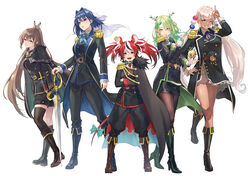  5girls :d aiguillette alternate_costume animal_ear_fluff animal_ears antlers apple arm_behind_back belt black_capelet black_coat black_collar black_footwear black_hair black_jacket black_pants black_shorts black_skirt blue_bow blue_eyes blue_footwear blue_hair blue_leotard blue_ribbon blush boots bow bow_earrings braid braided_bangs branch breasts brown_eyes brown_footwear brown_hair buttons capelet ceres_fauna chain_headband chains cloak coat collar collared_shirt colored_tips crossed_arms dagger dark-skinned_female dark_skin double-breasted ear_ornament earrings epaulettes feather_hair_ornament feathers finger_to_mouth flower food fruit full_body fur-trimmed_cloak fur_trim gloves golden_apple gradient_hair green_hair green_nails hair_between_eyes hair_flower hair_intakes hair_ornament hakos_baelz heart high_ponytail holding holding_sword holding_weapon holocouncil hololive hololive_english horns jacket jewelry key key_necklace knee_boots kneehighs knife large_breasts leotard leotard_peek leotard_under_clothes light_brown_hair lipstick long_hair long_sleeves looking_at_viewer makeup medium_breasts medium_hair military_uniform miniskirt mole mole_under_eye mouse_ears mouse_girl mouse_tail multicolored_clothes multicolored_hair multiple_girls nail_polish nanashi_mumei necklace necktie one_eye_closed open_clothes open_coat open_mouth ouro_kronii pants pantyhose pencil_skirt planet_hair_ornament pleated_skirt ponytail puffy_pants red_hair red_necktie ribbon see-through see-through_skirt sharp_teeth shirt shoes short_hair shorts sidelocks simple_background single_braid single_epaulette single_kneehigh single_sock single_thighhigh skirt small_breasts smile socks spiked_collar spikes standing streaked_hair sword tail tail_bow tail_ornament tail_ribbon teeth thighhighs tight_(ohmygod) tsukumo_sana twintails uniform upper_teeth_only v veil very_long_hair virtual_youtuber weapon white_background white_hair white_shirt white_skirt yellow_eyes 