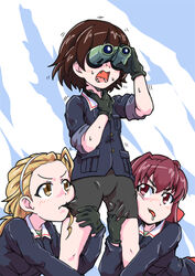  3girls 7654_dog bike_shorts binoculars biting biting_clothes black_gloves blonde_hair blue_jacket blush brown_hair commentary drooling girls_und_panzer girls_und_panzer_saishuushou gloves hand_under_clothes headband highres isobe_noriko jacket kondou_taeko long_hair military military_uniform multiple_girls ooarai_military_uniform parody sasaki_akebi scene_reference shirt short_hair sweat throat_microphone uniform yuri 