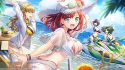  4girls arm_up ayato_utae banana beach bikini blonde_hair blue_eyes blue_hair chair closed_eyes cloud commentary_request dolphin_wave elbow_gloves fingerless_gloves food fruit fruit_basket gloves grapes green_eyes green_hair harunami_anri hat highres jacket jet_ski kirishima_uniform kneehighs layered_bikini long_hair looking_at_viewer mole mole_under_eye multiple_girls official_art one_eye_closed ootomo_takuji open_clothes open_jacket outdoors pineapple ponytail red_hair sakimiya_iruka see-through short_hair single_elbow_glove single_kneehigh single_sock socks sun_hat swimsuit thighhighs tojou_michiru wavy_hair wristband 