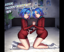  2boys ahoge bare_legs blue_eyes blue_hair bound_together cardfight!!_vanguard chain_leash chains commentary_request double_leash dress dual_persona full_body hand_on_another&#039;s_stomach happy_birthday holding_hands indoors kneeling leash linked_collar male_focus male_pregnancy multiple_boys on_bed photo_(object) plant potted_plant ribbed_sweater sendou_aichi socks sweater sweater_dress torikawa_(tori1002) white_socks 