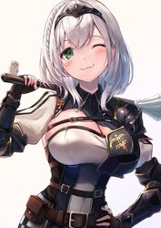  armor belt belt_buckle braid breasts buckle chest_guard cleavage cleavage_cutout clothing_cutout commentary_request dan&#039;in-san_(shirogane_noel) female gloves green_eyes grey_hair hair_ornament hololive large_breasts mace medium_hair one_eye_closed shiotsuke_sasami shirogane_noel shirogane_noel_(1st_costume) shoulder_armor solo virtual_youtuber weapon 