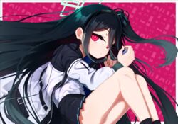  &lt;key&gt;_(blue_archive) black_hair black_skirt blue_archive commentary_request female folded hair_between_eyes hairband halo holding irokohaku jacket long_hair looking_at_viewer necktie one_side_up red_eyes school_uniform shirt simple_background sitting skirt very_long_hair white_shirt 