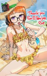  arm_support beach behind-the-head_headphones bikini black-framed_eyewear blunt_bangs bow breasts food frilled_bikini frills glasses green_bow green_nails hat hat_ribbon headphones highres holding holding_food holding_popsicle knees_apart_feet_together light_blush long_hair looking_at_viewer multicolored_nails navel nintendo_switch persona persona_5 pink_nails poechan_chan popsicle purple_eyes red_hair ribbon sakura_futaba sand_castle sand_sculpture side-tie_bikini_bottom small_breasts straw_hat sweat swimsuit tongue tongue_out trowel yellow_bikini 