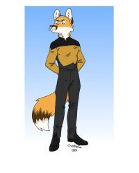  anthro bartek22 blonde_hair blue_eyes canid canine chris_the_fox_(bartek22) ears_up fox fur hair hands_behind_back looking_aside male mammal orange_body orange_fur solo star_trek tail white_body white_fur 