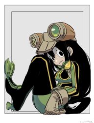  artist_name asui_tsuyu black_border black_hair bodysuit boku_no_hero_academia boots border breasts fetal_position frog_girl gloves green_bodysuit hair_between_eyes hair_knot helmet knees_to_chest long_hair looking_at_viewer low-tied_long_hair medium_breasts ohhhhhhtsu sideways_glance simple_background thigh_boots very_long_hair white_background 