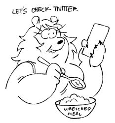  2024 anthro bear black_and_white black_text bowl breasts cellphone clothed clothed_anthro clothed_female clothing container cutlery digital_drawing_(artwork) digital_media_(artwork) eating eating_food electronics english_text eyelashes female female_anthro fingers hair holding_cellphone holding_object holding_phone holding_smartphone holding_spoon kitchen_utensils long_eyelashes mammal monochrome motion_lines noelle_(twistcmyk) overweight overweight_anthro overweight_female phone polar_bear round_ears simple_background smartphone solo spoon teeth text tools twistcmyk twitter ursine white_background 