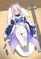  absurdres bare_shoulders blue_gemstone blue_hair blue_sleeves blush bow bow-shaped_hair breasts chest_bow cleavage commentary_request detached_collar detached_sleeves dolphin_shorts embarrassed female fins food full_body gem genshin_impact gloves gradient_hair gradient_thighhighs half_gloves head_fins highres jhp987 korean_commentary lace_collar large_bow legwear_partially_removed long_hair looking_at_viewer lying midriff multicolored_hair navel nose_blush on_back open_mouth partially_undressed pink_hair purple_eyes purple_thighhighs sandals sangonomiya_kokomi shirt short_shorts shorts small_breasts solo strapless sushi sweatdrop thick_eyebrows thighhighs tube_top unworn_footwear vision_(genshin_impact) white_gloves white_shirt white_shorts white_thighhighs 