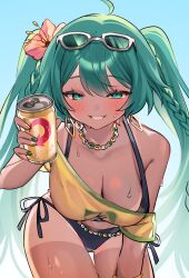  absurdres ahoge alcohol alternate_breast_size alternate_costume aqua_eyes aqua_hair beer beer_can bikini bikini_under_clothes black_bikini blush borrowed_design braid brazilian_flag brazilian_flag_print brazilian_miku breasts can cleavage collarbone cowboy_shot dark-skinned_female dark_skin drink_can earrings eyewear_on_head female flower gold_earrings grin hair_flower hair_ornament hatsune_miku hibiscus highres jewelry large_breasts long_hair looking_at_viewer multicolored_nails necklace necoichan no_pants off-shoulder_shirt off_shoulder shirt side-tie_bikini_bottom skol smile solo sunglasses swimsuit tan tanlines twintails very_long_hair vocaloid 