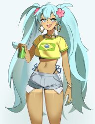  ahoge animal aqua_eyes aqua_hair bead_necklace beads bikini bikini_under_clothes blue_shorts bracelet brazilian_flag brazilian_miku crop_top cropped_shirt dreeky earrings exposed_pocket feline flag_print flower hair_flower hair_ornament hatsune_miku highleg highleg_bikini highres holding holding_animal holding_cat jewelry necklace open_mouth pink_flower print_shirt shirt short_shorts shorts side-tie_bikini_bottom simple_background standing swimsuit teeth upper_teeth_only vocaloid white_background yellow_shirt 