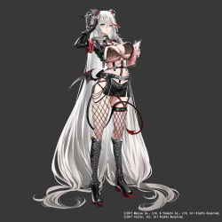  absurdly_long_hair aegir_(azur_lane) arm_up azur_lane black_background black_footwear black_gloves black_horns boots breasts clipboard female fingerless_gloves fishnet_pantyhose fishnet_thighhighs fishnets full_body gloves hair_spread_out highres holding holding_clipboard horns knee_boots large_breasts long_hair low_wings merchandise_available official_art pantyhose simple_background single_thighhigh solo standing tail teddy_(khanshin) thighhighs thighs underboob very_long_hair white_hair wings 