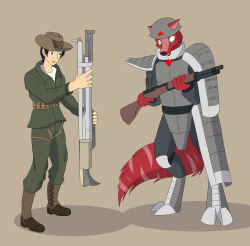  admiring andromorph anthro armor canid canine canis clothing dreamkeepers duo fallout gun hat headgear headwear helmet hi_res human humanoid intersex korben_the_dragon male mammal microsoft military minutemen_(fallout) ranged_weapon rifle soldier warrior weapon wolf 