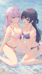  2girls :d absurdres ahoge alisa_mikhailovna_kujou bikini black_bikini blue_eyes blush breasts brown_hair cleavage closed_mouth commentary frilled_bikini frills front-tie_bikini_top front-tie_top hair_between_eyes hair_ribbon highres long_hair looking_at_viewer medium_breasts melon_(melontsai) multiple_girls open_mouth pink_bikini purple_eyes red_bikini ribbon shallow_water side-tie_bikini_bottom sitting smile suou_yuki swimsuit tokidoki_bosotto_roshia-go_de_dereru_tonari_no_alya-san two-tone_bikini water 