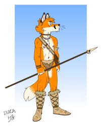  anthro bartek22 boots bracelet briefs caveman caveman_chris_(bartek22) chris_the_fox_(bartek22) clothing ears_up footwear fur holding_object holding_weapon jewelry looking_aside male melee_weapon necklace orange_body orange_fur polearm shoes solo spear tail underwear weapon white_body white_fur 