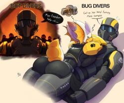  1boy1girl 2020s 2024 2d 2d_(artwork) armor armored_female arzyparzy ass big_ass big_breasts breast_squish breasts bug bug_girl cute dat_ass dialogue english english_text fully_clothed helldiver_(helldivers) helldivers_2 hi_res highres large_ass laying_on_stomach round_ass sleeping sleeping_together terminid thick_thighs thighs wholesome worried 