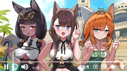  :d absurdres animal_ear_fluff animal_ears arknights blue_eyes blue_sky blush breasts brown_eyes brown_hair building cat_ears cat_girl cat_tail character_request clothing_cutout cloud commentary_request day dishui_tangni double_v dress fake_video green_eyes hands_up highres navel orange_hair original outdoors papyrus_(arknights) pepe_(arknights) sky small_breasts smile strapless strapless_dress tail underboob underboob_cutout v v-shaped_eyebrows 