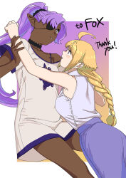  2girls ahoge black_choker blonde_hair braid breasts choker commentary_request commission dark-skinned_female dark_skin dress eyepatch hair_ornament hair_scrunchie long_hair multiple_girls off_shoulder ojipon original parted_lips pointy_ears ponytail purple_hair purple_skirt scrunchie shirt short_sleeves simple_background single_braid skeb_commission skirt sleeveless sleeveless_shirt very_long_hair yellow_eyes yuri 