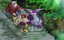  absurd_res anthro avian belly big_the_cat bird blue_body blue_feathers bong bowser claws clothing domestic_cat drugs feathers felid feline felis footwear fur group hair hi_res hoodie king_dedede kirby_(series) koopa male mammal mario_bros nintendo overweight penguin purple_body purple_fur red_hair sandals scalie sega shoes sitting sonic_the_hedgehog_(series) stairs stankless topwear trio 