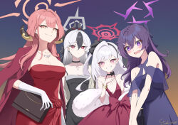  4girls aru_(blue_archive) aru_(dress)_(blue_archive) bag black_dress black_hair blue_archive breasts cleavage closed_mouth dress dress_flower flower gloves hair_between_eyes halo handbag haruka_(blue_archive) haruka_(dress)_(blue_archive) highres kayoko_(blue_archive) kayoko_(dress)_(blue_archive) long_hair looking_at_viewer multicolored_hair multiple_girls mutsuki_(blue_archive) mutsuki_(dress)_(blue_archive) official_alternate_costume open_mouth parted_lips pink_eyes problem_solver_68_(blue_archive) purple_dress purple_eyes purple_hair red_dress red_eyes red_flower red_hair smile streaked_hair white_gloves white_hair yellow_eyes yuki7128 