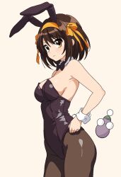  adjusting_clothes adjusting_leotard animal_ears armpits artist_self-insert bare_shoulders black_bow black_bowtie black_leotard blush bow bowtie breasts brown_eyes brown_hair brown_pantyhose closed_mouth cowboy_shot detached_collar dot_nose eggplant fake_animal_ears fake_tail female glasses hair_between_eyes hairband hairbow highres large_breasts leotard looking_at_viewer medium_hair official_alternate_costume orange_bow orange_hairband pantyhose playboy_bunny rabbit_ears rabbit_tail round_eyewear sideboob simple_background solo split_mouth standing straight_hair strapless strapless_leotard suzumiya_haruhi suzumiya_haruhi_no_yuuutsu tail three_quarter_view v-shaped_eyebrows wavy_mouth white_background wrist_cuffs yuiyu_ki 