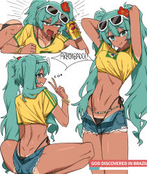  :3 abstractpurple absurdres aqua_eyes aqua_hair arms_up artist_collaboration back bead_necklace beads bikini bikini_under_clothes black_bikini blush bracelet brazilian_flag_print brazilian_miku breast_press breasts can channel_(_caststation) collarbone commentary_request cropped_shirt denim denim_shorts drink earrings english_commentary english_text eyewear_on_head female flower green_nails green_trim hair_between_eyes hair_flower hair_ornament hatsune_miku heart highres holding holding_can jewelry large_breasts long_hair looking_at_viewer lying mixed-language_commentary multicolored_nails multiple_views nail_polish navel navel_piercing necklace oerba_yun_fang on_stomach open_clothes open_fly open_mouth open_shorts piercing portuguese_text profile rectangular_earrings red_flower saliva shirt short_shorts short_sleeves shorts side-tie_bikini_bottom simple_background skin_fang smile speech_bubble squatting standing sunglasses swimsuit tan tanline_peek tanlines torn_clothes torn_shorts translation_request twintails v vocaloid white_background yellow_nails yellow_shirt 