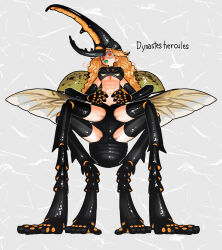  abs absurdres arthropod_girl arthropod_limbs beetle_girl blonde_hair breasts commentary_request female full_body grey_background hercules_beetle highres insect_wings long_hair looking_at_viewer medium_breasts monster_girl muscular muscular_female nicoq_(koikoihaihai) orange_eyes original simple_background solo wings 