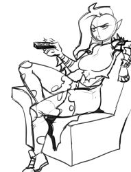  alien alien_humanoid breasts chair clothed clothing darkeros disney female footwear furniture hair hi_res humanoid humanoid_pointy_ears legwear line_art long_hair lord_dominator midriff monochrome not_furry shoes simple_background sitting solo stockings thigh_highs topwear torn_clothing unfinished wander_over_yonder white_background 