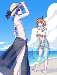  2girls a.i._voice adachi_rei alternate_costume barefoot beach bikini closed_mouth hat highres joints multiple_girls ocean orange_hair purple_hair robot_joints shiita_haruka shorts sun_hat swim_ring swimsuit utane_uta utau 