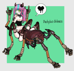  \m/ absurdres arthropod_girl arthropod_limbs black_corset blue_hair collar commentary_request corset female fishnets full_body green_background green_eyes highres horns looking_at_viewer looking_back monster_girl multicolored_hair nicoq_(koikoihaihai) original pink_hair simple_background solo spiked_collar spikes streaked_hair twintails 