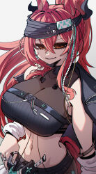  absurdres animal_ears arknights bare_shoulders black_choker black_jacket black_shirt breasts brown_eyes choker cowboy_shot crop_top crossed_bangs dryegen earrings female hair_between_eyes highres jacket jewelry large_breasts long_hair looking_at_viewer midriff multiple_rings narantuya_(arknights) navel open_mouth red_hair ring shirt shorts smile solo 