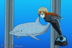  ambiguous_gender blue_background blue_eyes breasts cetacean countershading diving dolphin duo english_text female feral grey_body grey_skin hair human japanese_text katakana light_body light_skin looking_at_another mammal marine monofin nagata orange_hair pillar sea simple_background sinktember sinktember_2022 swimming text toothed_whale underwater uwdennis water wetsuit white_body white_countershading 