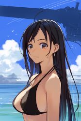  beach bikini black_bikini blue_sky breasts brown_eyes cannon cleavage decoponmagi female final_fantasy final_fantasy_vii final_fantasy_vii_ever_crisis highres large_breasts long_hair sky swimsuit tifa_lockhart tifa_lockhart_(lifeguard) upper_body 