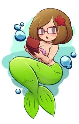  :o bad_link bare_shoulders blue_background blush bob_cut breasts brown_hair bubble chibi cleavage female handheld_game_console highres large_breasts mermaid monster_girl nikki_(swapnote) nintendo_ds red-framed_eyewear seashell shell shell_bikini short_hair starfish_hair_ornament swapnote tropzaruno white_background 